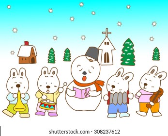 Rabbits doing a music concert in a winter mountain