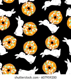Rabbits and donuts, black background. Sweet pattern. Vector seamless pattern - Textil, postcards, wallpaper.