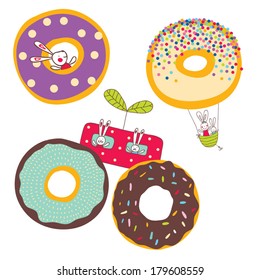 Rabbits and donuts. Funny illustrations.