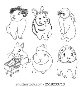 rabbits  Doodle Set illustration.black and white hand drawing cut pet