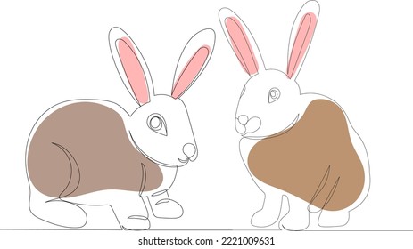 rabbits drawing in one continuous line, isolated, vector