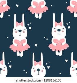 Rabbits in dresses, hearts, hand drawn backdrop. Colorful seamless pattern with animals. Decorative cute wallpaper, good for printing. Overlapping colored background vector, ballerinas