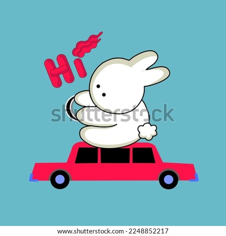 Rabbits drive cars, private cars, hello, travel, happy white bunny, cute bunny.