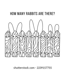 Rabbits ears behind the fence in hand drawn doodle style. Vector illustration for children activity book. Counting quiz.