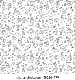 Rabbits. Easter rabbits seamless pattern. Hand drawn doodle bunnies - vector illustration
