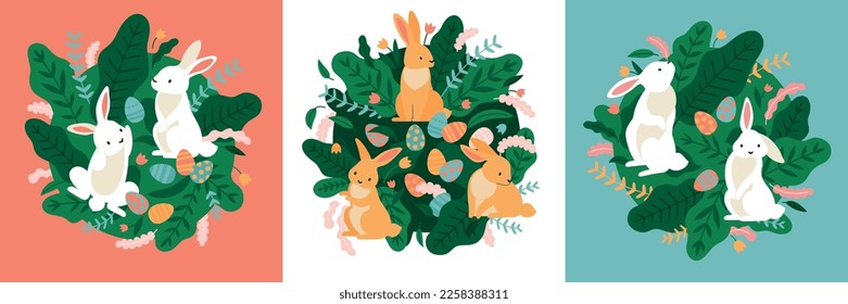Rabbits easter set of three square compositions with cartoon animals fresh leaves foliage on solid background vector illustration