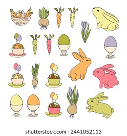 Rabbits, eggs, carrots and spring flowers. A bright set of elements for Easter decor. Collection of elements in doodle style. Vintage vector illustration.