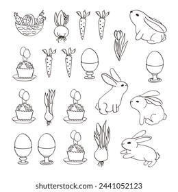 Rabbits, eggs, carrots and spring flowers. Set of elements for Easter decor. Collection of elements in doodle style. Vintage vector illustration.