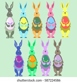 Rabbits and eggs. Easter card.