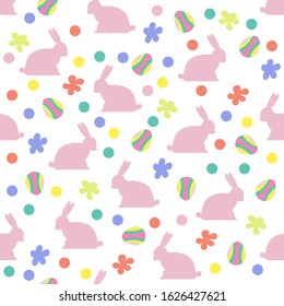 Rabbits, eggs, flowers seamless pattern for Easter. Delicate colors. Nice illustration. For printing, packaging, children's textiles, multi-colored design, pink rabbit, Easter eggs. Vector 