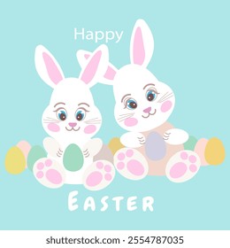 rabbits eggs happy easter, bunnys, happy easter lettering