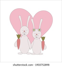 Rabbits enamored characters vector. Couple of rabbits with carrots on the background of the heart 