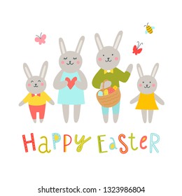 Rabbits family vector illustration. Cute Easter bunnies with kids and basket with eggs. Holiday lettering on white background