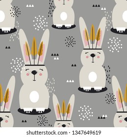 Rabbits with feathers, hand drawn backdrop. Colorful seamless pattern with muzzles of animals. Decorative cute wallpaper, good for printing. Overlapping background vector. Design illustration, indians