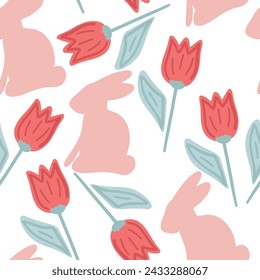 Conejos diseño plano tulipanes sin patrón
