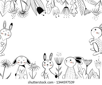 Rabbits and flowers. Black and white elements. Vector illustartion