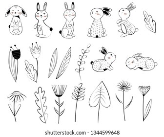 Rabbits and flowers. Black and white elements. Vector illustartion