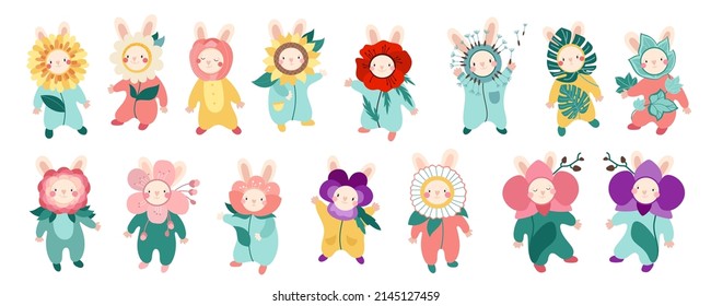 Rabbits flowers. Cute bunny in carnival costume. Monstera, sunflower, crocus, tulip, orchid, ivy, daisy, peony, poppy, sakura, pansy, dandelion, rose, gerbera. Vector