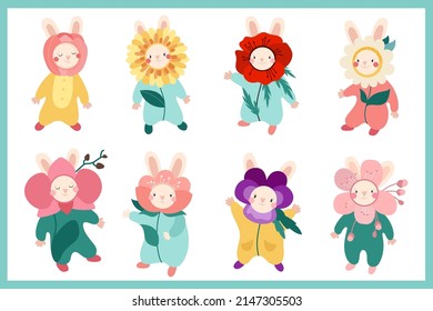 Rabbits flowers. Cute bunny in flower costume. Crocus, gerbera, tulip, orchid, daisy, peony, poppy, sakura, apple blossom, pansy. Set of vector illustrations on white background