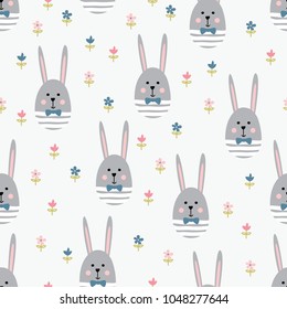 Rabbits and flowers Easter seamless pattern