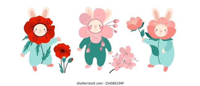 Rabbits flowers. Poppy, sakura and apple blossom. Cute bunnies for baby fabrics, wallpaper, cards and invitations. Vector illustrations isolated on white background 