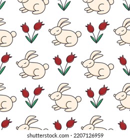 Rabbits and flowers seamless pattern. Background with cute hares in flowers. Print for baby textile, package, wallpaper and design vector illustration