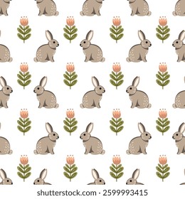 Rabbits and flowers seamless vector pattern.