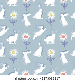 Rabbits and flowers watercolor seamless pattern. Cute holiday  design for textile, wallpaper. Vector illustration.