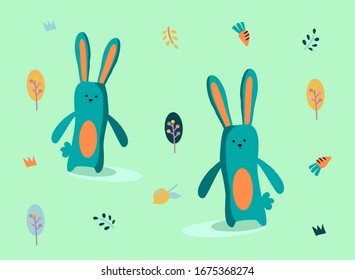 Rabbits and flowers,happy Easter egg, rabbit color green.