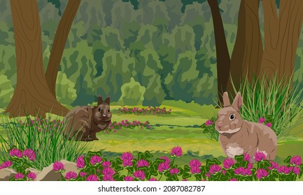 Rabbits in the forest. Dense forest with trees, bushes and clover. Rabbits in the habitat. Realistic vector landscape