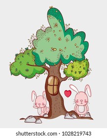 Rabbits in the forest doodle cartoons
