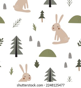 Rabbits in the forest, hand drawn background. Colorful background with animals. Vector illustration isolated on white background for nursery decoration and textile