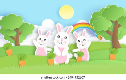 rabbits in the forest . paper cut and craft style. 