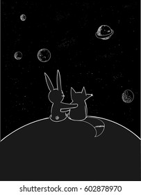 Rabbits and foxes are friends,both love each other,watching the stars