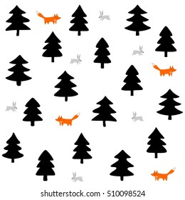rabbits and foxes wild life forest with animals cartoon style seasonal winter pattern on white background
