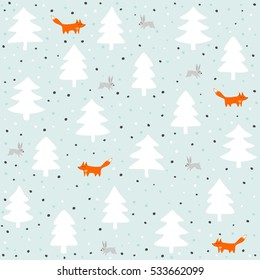 rabbits and foxes wild life forest with animals cartoon style seasonal winter pattern on pastel mint background