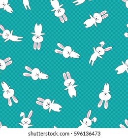 Rabbits funny cartoon seamless pattern  on a plaid background
