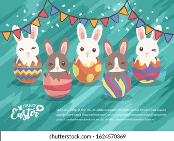 The Rabbits Gangster In Colorful Eggs Greeting And Party For Easter’s Day And With Green Watercolor Background, Vector Illustration, Bunny Cute Animal.