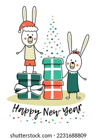 Rabbits and gifts. New Year's card with the image of funny rabbits and gifts with a congratulatory inscription. Flat vector illustration.