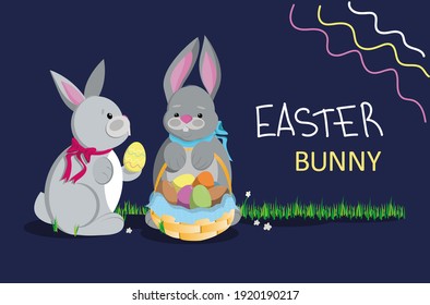 Los conejos se entregan huevos de Pascua. Tarjeta de felicitación, disposición, postal.