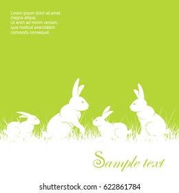 Rabbits in grass text, different rabbits silhouette on green background, animal for farm and ranch. Vector illustration.