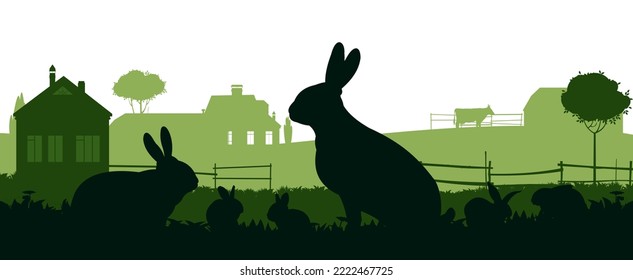 Rabbits are grazing. Picture silhouette. Rural landscape with farmers house. Farm pets. Fur animals. Isolated on white background. Vector.