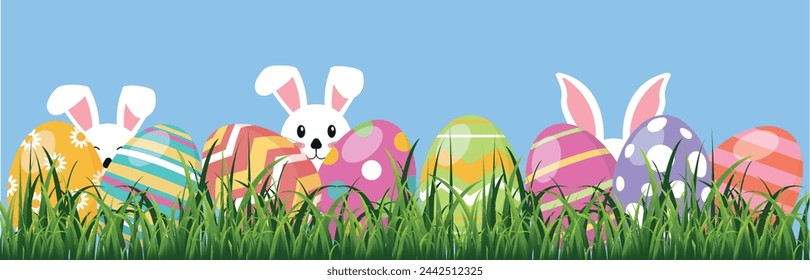Conejos en hierba verde con huevos de Pascua. Gráficos vectoriales