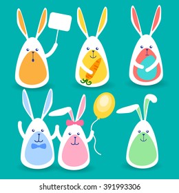 Rabbits Group Cartoon Character Set Colorful Eggs, Balloon, Carrot Happy Easter Holiday Collection Vector Illustration
