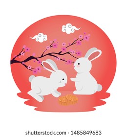 rabbits group witth tree branch floral scene