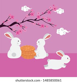 rabbits group witth tree branch floral scene