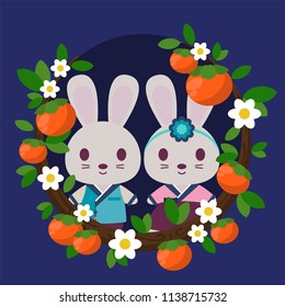 Rabbits in Hanbok Framed by Persimmons and Flowers - Rabbits dressed in hanbok or traditional Korean attire framed by persimmons, leaves, and white flowers against navy blue background
