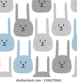 Rabbits, hand drawn backdrop. Colorful seamless pattern with muzzles of animals. Decorative cute wallpaper, good for printing. Overlapping colored background vector