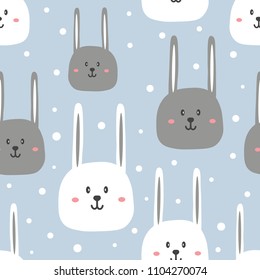 Rabbits, hand drawn backdrop. Colorful seamless pattern with muzzles of animals. Decorative cute wallpaper, good for printing. Overlapping colored background vector