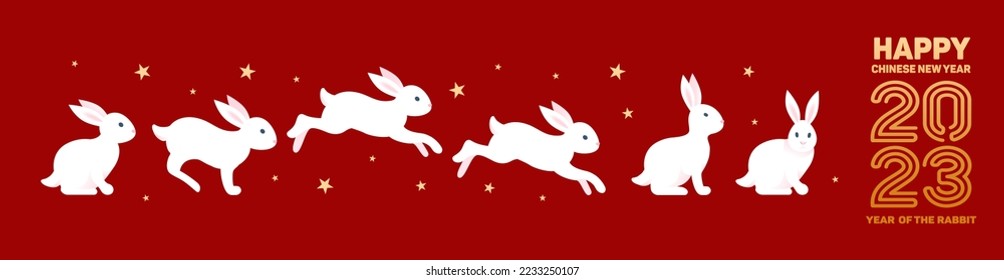 Rabbits, happy Chinese New Year 2023. Bright vector banner with golden pattern on red background, starry sky. Asian style. Vintage font. for poster, banner, flyer, advertisement.